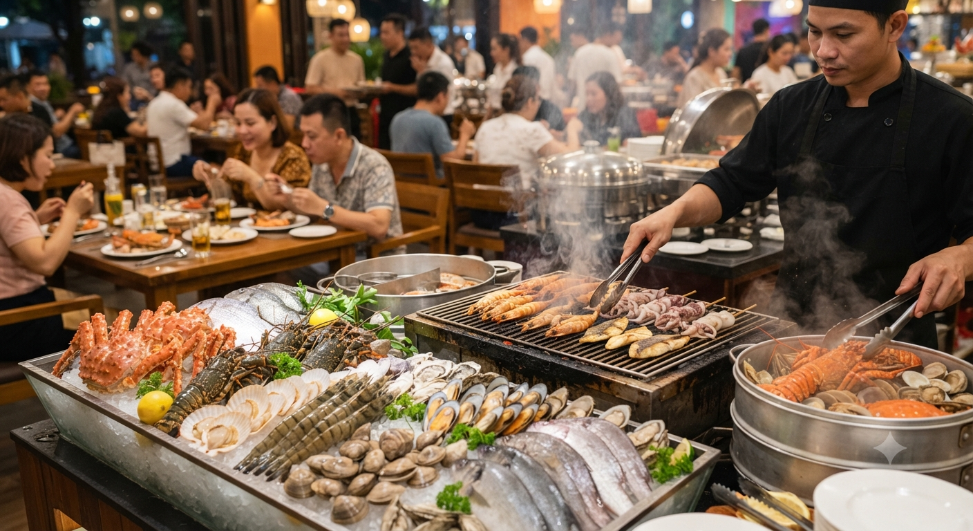 Thưởng thức tinh hoa hải sản tươi sống và món nướng hấp