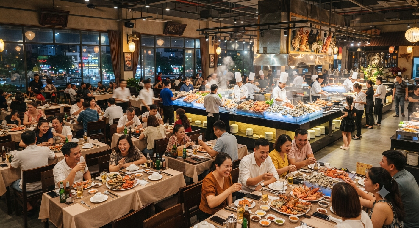 Toàn cảnh không gian và nhu cầu thưởng thức buffet hải sản dịp cuối tuần